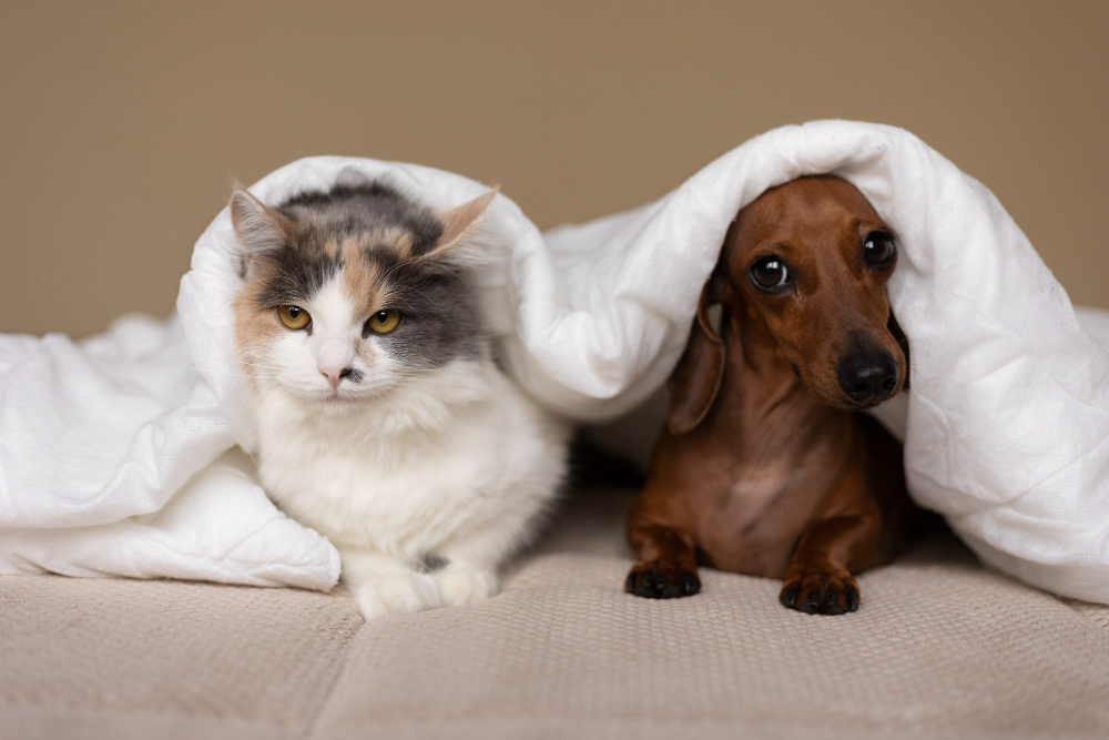 a cat and dog under a blanket