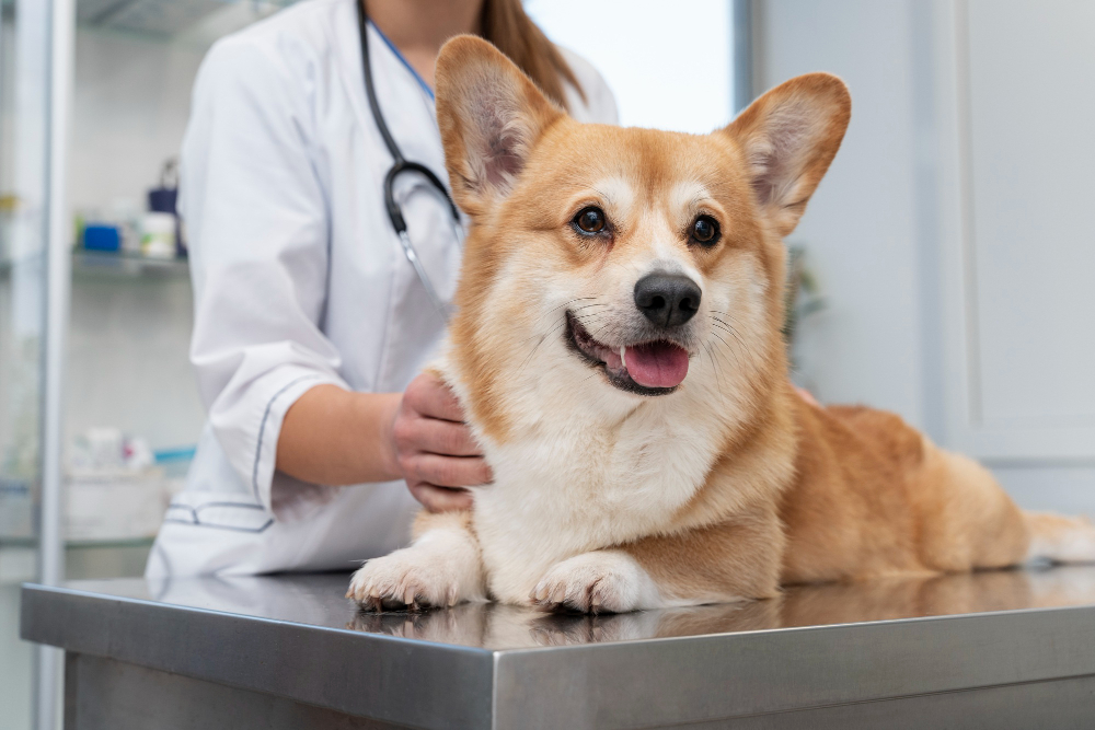 veterinarian standing by a happy dog