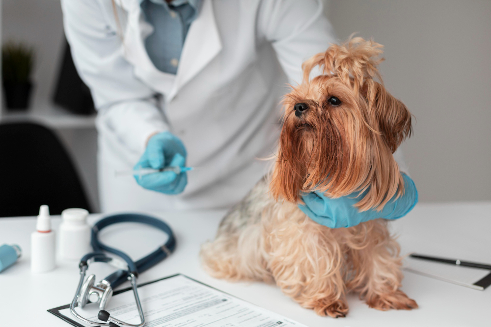 a dog being vaccinated by a doctor